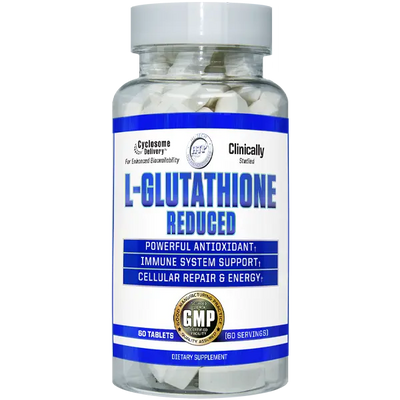 L-Glutathione Reduced 500 mg supplement bottle by Hi-Tech Pharmaceuticals with Cylosome® Technology for enhanced absorption and antioxidant support
