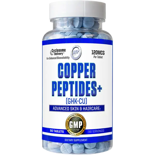 Hi-Tech Pharmaceuticals Copper Peptides+ GHK-Cu supplement bottle with 120mcg copper peptides and 3mg elemental copper from copper bisglycinate, 90 tablets.