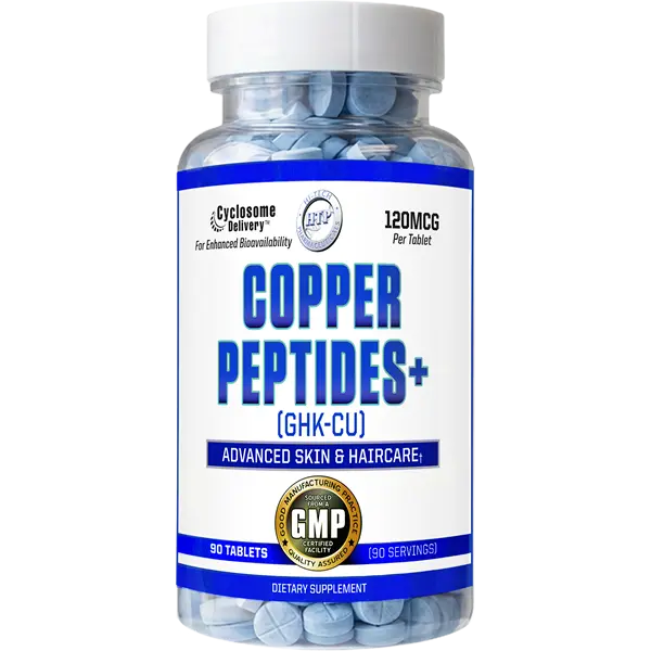 Hi-Tech Pharmaceuticals Copper Peptides+ GHK-Cu supplement bottle with 120mcg copper peptides and 3mg elemental copper from copper bisglycinate, 90 tablets.