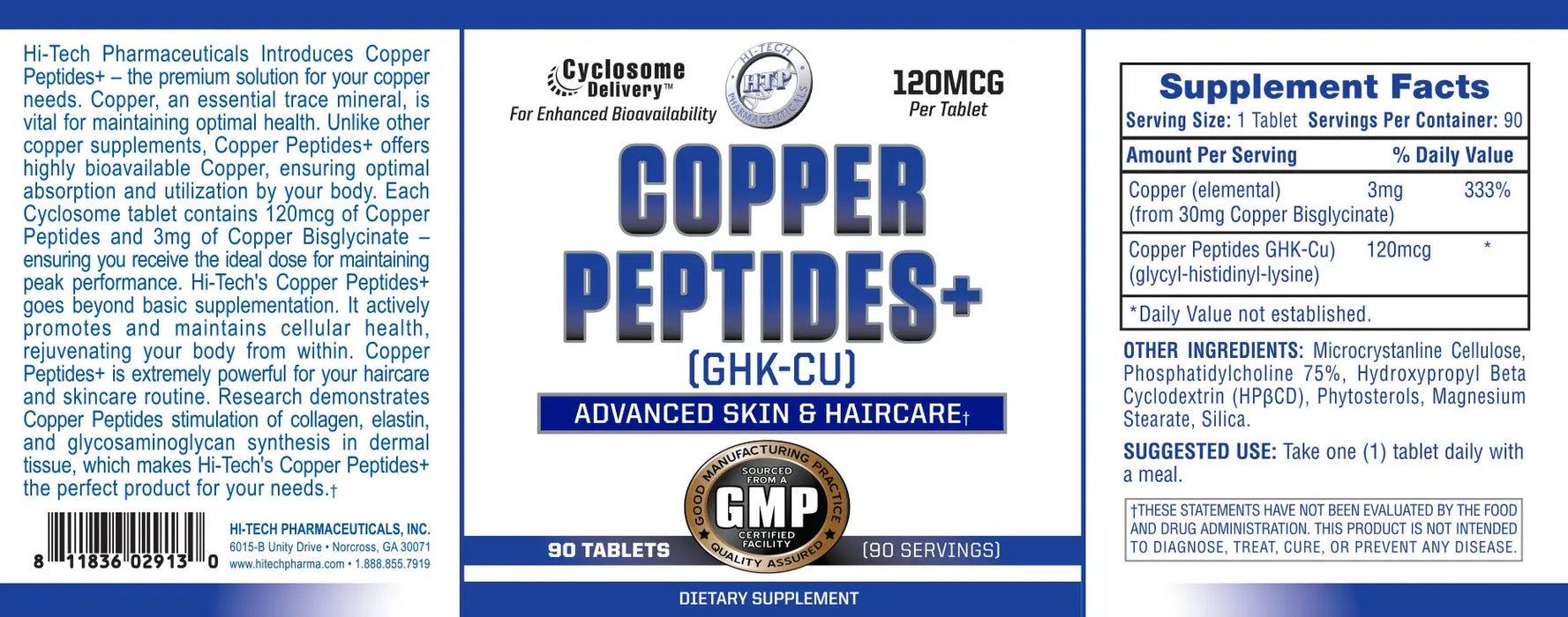 Hi-Tech Pharmaceuticals Copper Peptides+ GHK-Cu full product label showing Supplement Facts, ingredients, suggested use, Cyclosome® Delivery, and skin and hair support information.