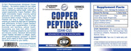 Hi-Tech Pharmaceuticals Copper Peptides+ GHK-Cu full product label showing Supplement Facts, ingredients, suggested use, Cyclosome® Delivery, and skin and hair support information.