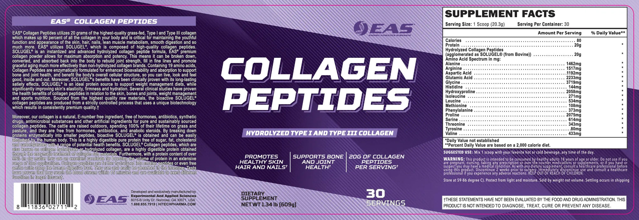 Full product label for EAS Grass-Fed Collagen Peptides showing supplement facts, directions, ingredients, warnings, and product information for 20g hydrolyzed Type I & III collagen per serving.