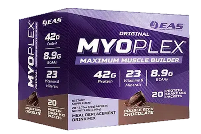 A box of EAS Myoplex Original Maximum Muscle Builder protein powder in double rich chocolate flavor, featuring a purple and white design with nutritional details.