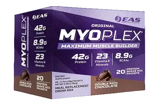 A box of EAS Myoplex Original Maximum Muscle Builder protein powder in double rich chocolate flavor, featuring a purple and white design with nutritional details.