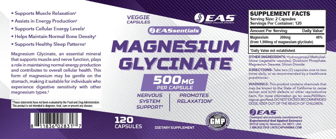EAS Essentials Magnesium Glycinate 500mg full supplement label with Supplement Facts, directions, ingredients, and product information supporting muscle relaxation, nervous system health, energy production, bone health, and healthy sleep patterns.