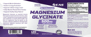 EAS Essentials Magnesium Glycinate 500mg full supplement label with Supplement Facts, directions, ingredients, and product information supporting muscle relaxation, nervous system health, energy production, bone health, and healthy sleep patterns.