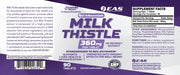 EAS Essentials Milk Thistle 360mg full supplement label with Supplement Facts, directions, ingredients, and product information featuring 80% silymarin and Cyclosome® Delivery to support liver health, healthy detoxification, and antioxidant activity.