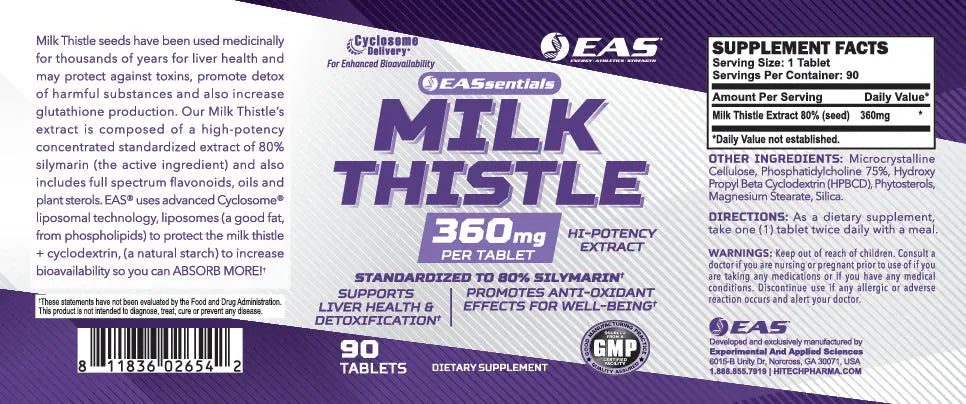 EAS Essentials Milk Thistle 360mg full supplement label with Supplement Facts, directions, ingredients, and product information featuring 80% silymarin and Cyclosome® Delivery to support liver health, healthy detoxification, and antioxidant activity.