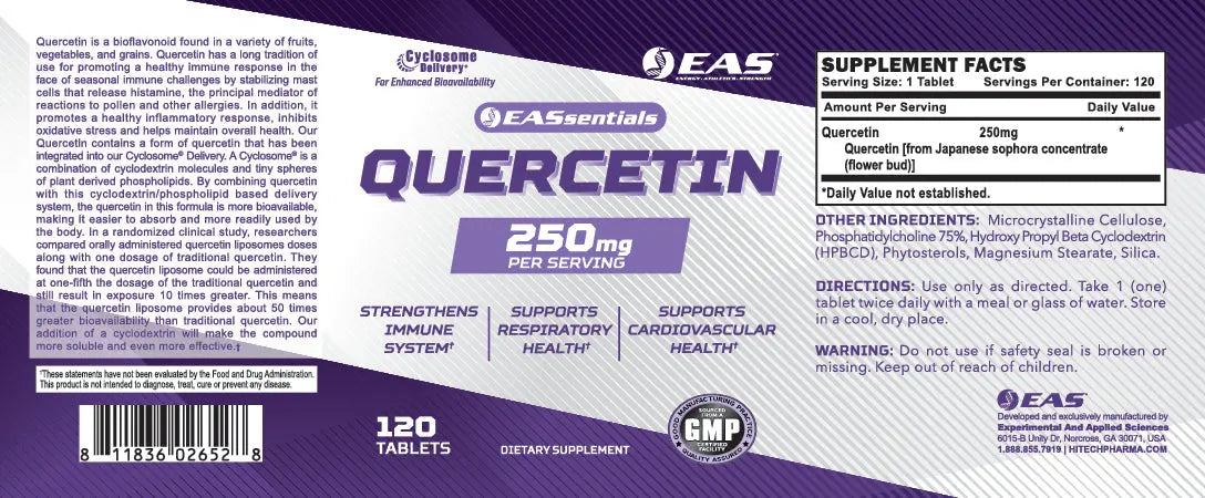 EAS Essentials Quercetin 250mg full supplement label with Supplement Facts, directions, ingredients, and product information featuring Cyclosome® Delivery for enhanced bioavailability and immune support.