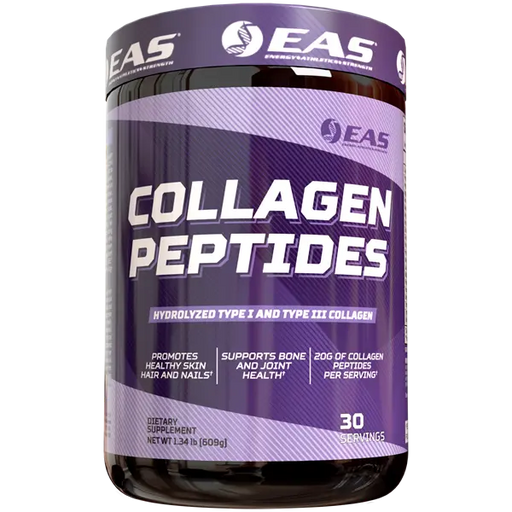 EAS Grass-Fed Collagen Peptides powder with 20g hydrolyzed Type I & III collagen per serving for healthy skin, hair, nails, joints, and bones.