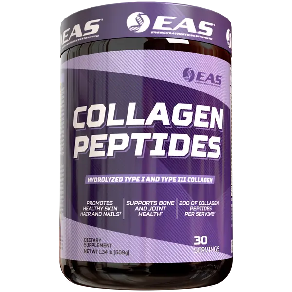 EAS Grass-Fed Collagen Peptides powder with 20g hydrolyzed Type I & III collagen per serving for healthy skin, hair, nails, joints, and bones.