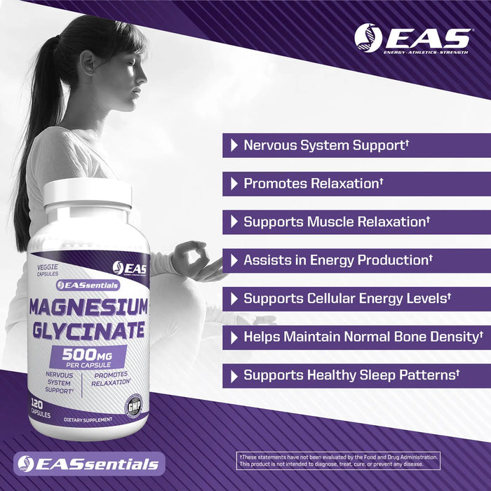 EAS Essentials Magnesium Glycinate benefit graphic featuring highly bioavailable magnesium with callouts for muscle relaxation, nervous system support, energy production, bone health, and healthy sleep.