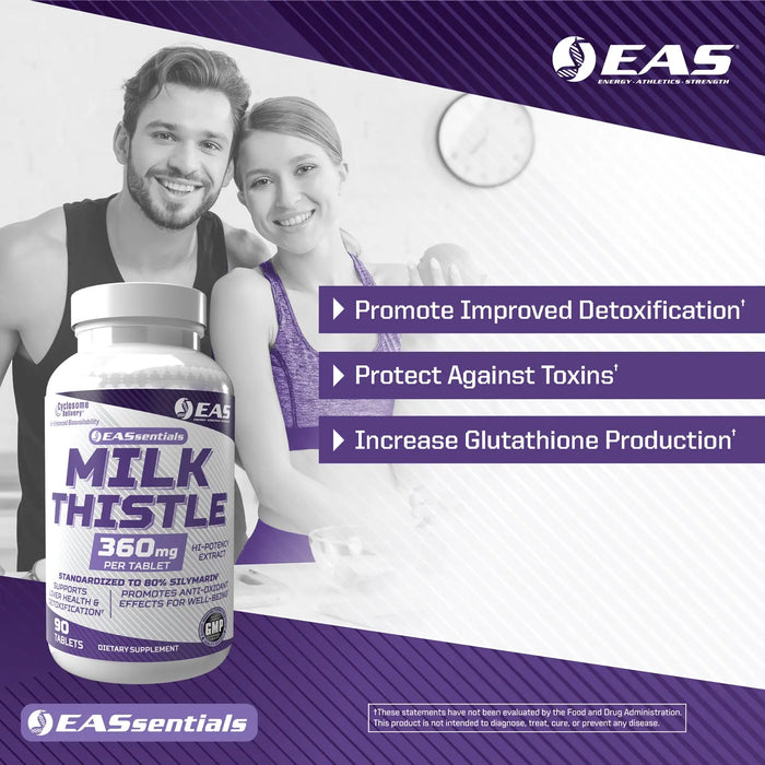 EAS Essentials Milk Thistle 360mg bottle with benefit highlights including liver health support, healthy detoxification, antioxidant activity, standardized 80% silymarin, and enhanced absorption through Cyclosome® Delivery.