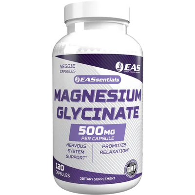EAS Essentials Magnesium Glycinate 500mg bottle providing 200mg elemental magnesium per serving to support muscle relaxation, nervous system health, energy production, and healthy sleep.