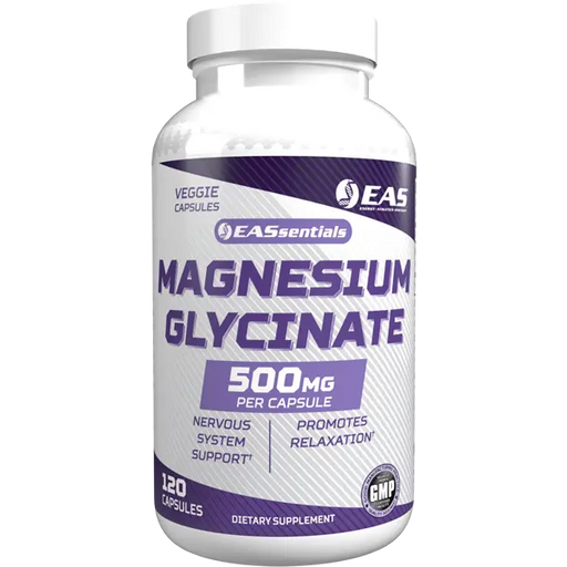 EAS Essentials Magnesium Glycinate 500mg bottle providing 200mg elemental magnesium per serving to support muscle relaxation, nervous system health, energy production, and healthy sleep.