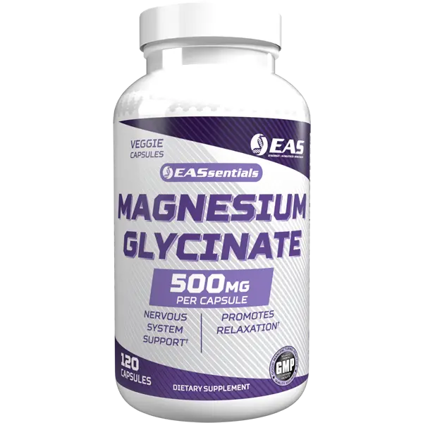 EAS Essentials Magnesium Glycinate 500mg bottle providing 200mg elemental magnesium per serving to support muscle relaxation, nervous system health, energy production, and healthy sleep.
