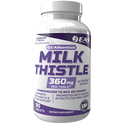 EAS Essentials Milk Thistle 360mg supplement bottle with 80% silymarin and Cyclosome® Delivery to support liver health, antioxidant protection, healthy detoxification, and overall wellness.


