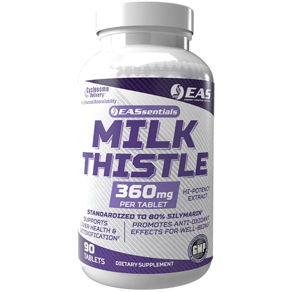 EAS Essentials Milk Thistle 360mg supplement bottle with 80% silymarin and Cyclosome® Delivery to support liver health, antioxidant protection, healthy detoxification, and overall wellness.


