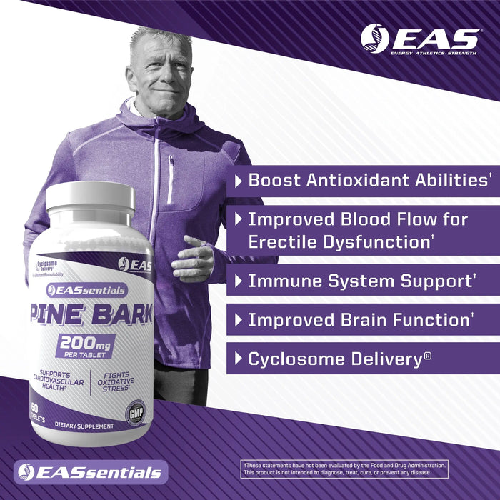 EAS Essentials French Maritime Pine Bark 200mg bottle with benefit highlights including antioxidant activity, cardiovascular support, healthy circulation, nitric oxide production, and enhanced absorption through Cyclosome® Delivery.