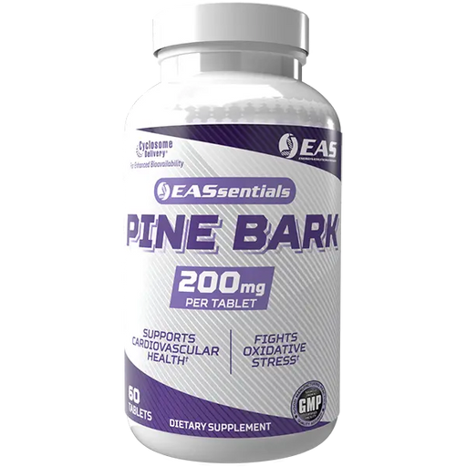 EAS Essentials French Maritime Pine Bark 200mg supplement bottle with Cyclosome® Delivery for enhanced bioavailability to support antioxidant activity, cardiovascular health, healthy circulation, and nitric oxide production.