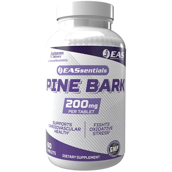 EAS Essentials French Maritime Pine Bark 200mg supplement bottle with Cyclosome® Delivery for enhanced bioavailability to support antioxidant activity, cardiovascular health, healthy circulation, and nitric oxide production.