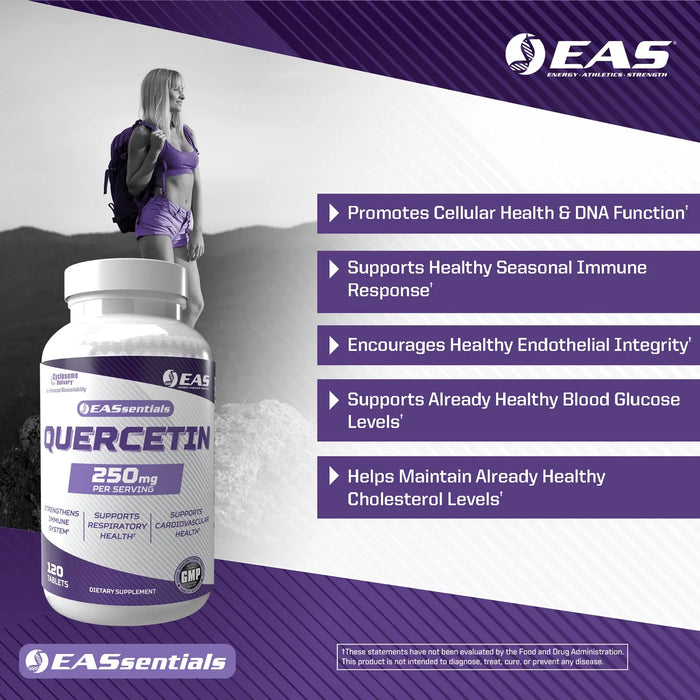 EAS Essentials Quercetin 250mg bottle with benefit callouts highlighting immune support, antioxidant protection, respiratory health, cardiovascular health, and enhanced bioavailability with Cyclosome® Delivery.