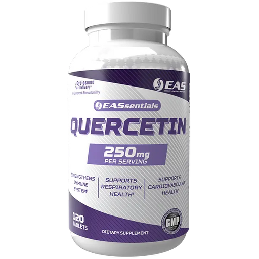EAS Essentials Quercetin 250mg dietary supplement bottle featuring Cyclosome® Delivery to support immune, respiratory, and cardiovascular health with enhanced bioavailability.