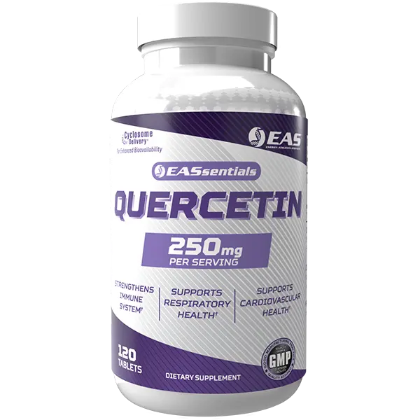EAS Essentials Quercetin 250mg dietary supplement bottle featuring Cyclosome® Delivery to support immune, respiratory, and cardiovascular health with enhanced bioavailability.