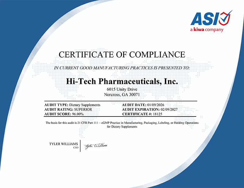 Certificate of Compliance for Hi-Tech Pharmaceuticals, Inc. with ASI logo.