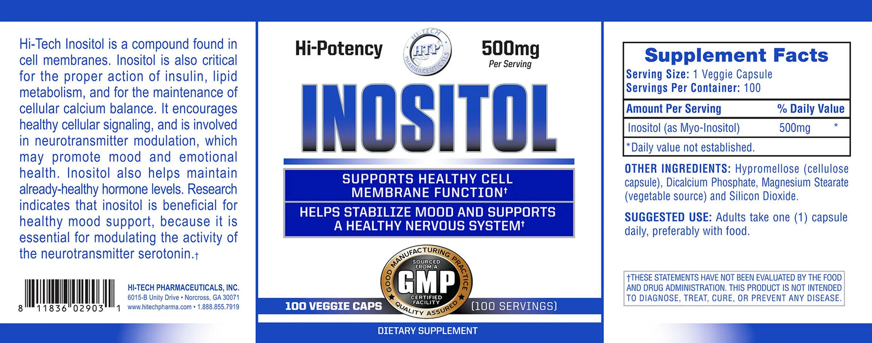 Hi-Tech Inositol 500mg full supplement label with supplement facts, ingredients, directions, and wellness support information for cellular function and nervous system health.