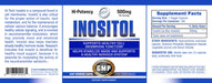 Hi-Tech Inositol 500mg full supplement label with supplement facts, ingredients, directions, and wellness support information for cellular function and nervous system health.