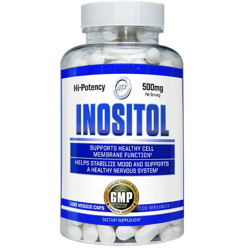 Hi-Tech Inositol 500mg dietary supplement bottle featuring 100 veggie capsules for healthy cell membrane function, cellular signaling, and nervous system support.