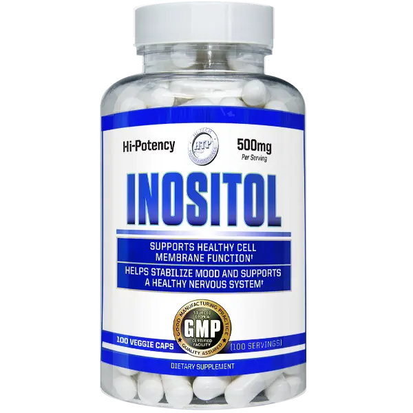 Hi-Tech Inositol 500mg dietary supplement bottle featuring 100 veggie capsules for healthy cell membrane function, cellular signaling, and nervous system support.