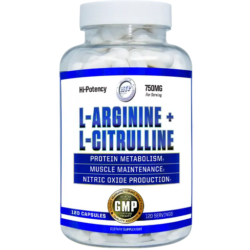 Hi-Tech L-Arginine + L-Citrulline 750mg dietary supplement bottle featuring 500mg L-Arginine and 250mg L-Citrulline per serving in 120 capsules for nitric oxide and muscle support.