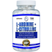 Hi-Tech L-Arginine + L-Citrulline 750mg dietary supplement bottle featuring 500mg L-Arginine and 250mg L-Citrulline per serving in 120 capsules for nitric oxide and muscle support.