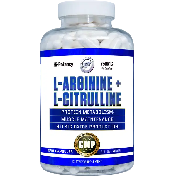 Hi-Tech L-Arginine + L-Citrulline 750mg dietary supplement bottle featuring 500mg L-Arginine and 250mg L-Citrulline per serving in 240 capsules for nitric oxide and muscle support.