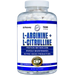 Hi-Tech L-Arginine + L-Citrulline 750mg dietary supplement bottle featuring 500mg L-Arginine and 250mg L-Citrulline per serving in 240 capsules for nitric oxide and muscle support.