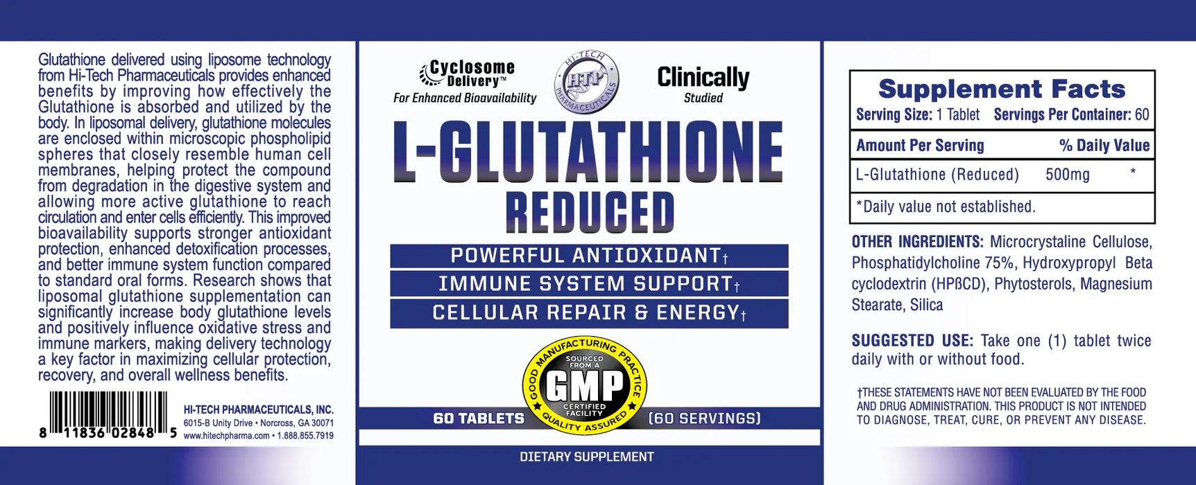L-Glutathione supplement label by Hi-Tech Pharmaceuticals featuring 500 mg per serving with Cylosome® Technology for enhanced absorption and antioxidant support