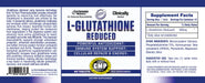 L-Glutathione supplement label by Hi-Tech Pharmaceuticals featuring 500 mg per serving with Cylosome® Technology for enhanced absorption and antioxidant support