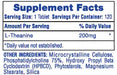 Alt text for L-Theanine 200mg Supplement Facts panel showing serving size, 200mg L-Theanine per tablet, other ingredients, suggested use, and warning information by Hi-Tech Pharmaceuticals.