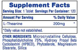 Alt text for L-Theanine 200mg Supplement Facts panel showing serving size, 200mg L-Theanine per tablet, other ingredients, suggested use, and warning information by Hi-Tech Pharmaceuticals.