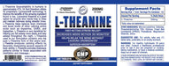 Full product label image for Hi-Tech Pharmaceuticals L-Theanine 200mg dietary supplement featuring Supplement Facts, Cyclosome® delivery technology, stress relief benefits, usage directions, warnings, and product details.