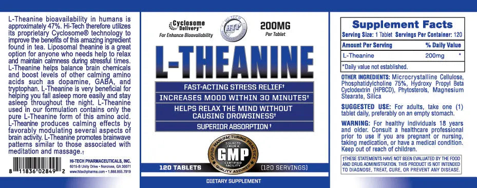 Full product label image for Hi-Tech Pharmaceuticals L-Theanine 200mg dietary supplement featuring Supplement Facts, Cyclosome® delivery technology, stress relief benefits, usage directions, warnings, and product details.