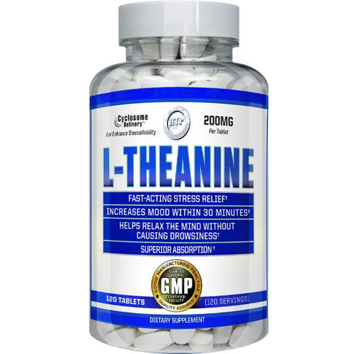 L-Theanine 200mg supplement bottle featuring Cyclosome® delivery technology for enhanced absorption, fast-acting stress relief, relaxation support, and mood balance by Hi-Tech Pharmaceuticals.