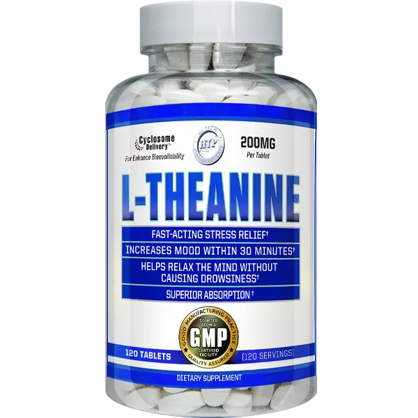 L-Theanine 200mg supplement bottle featuring Cyclosome® delivery technology for enhanced absorption, fast-acting stress relief, relaxation support, and mood balance by Hi-Tech Pharmaceuticals.