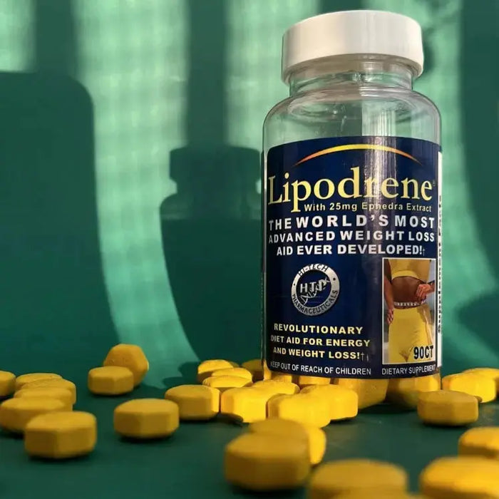 Lipodrene® with 25mg Ephedra Extract 90 count bottle with yellow tablets displayed on green background by Hi-Tech Pharmaceuticals