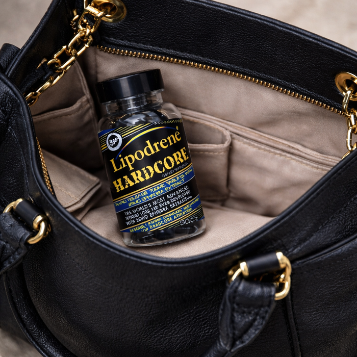 Lipodrene® Hardcore 90ct supplement bottle inside handbag