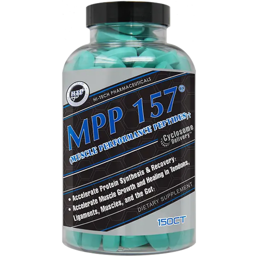 MPP 157® Muscle Performance Peptides by Hi-Tech Pharmaceuticals – 150-tablet bottle featuring LI-157®, Sustamine®, and HMB for muscle performance and recovery.