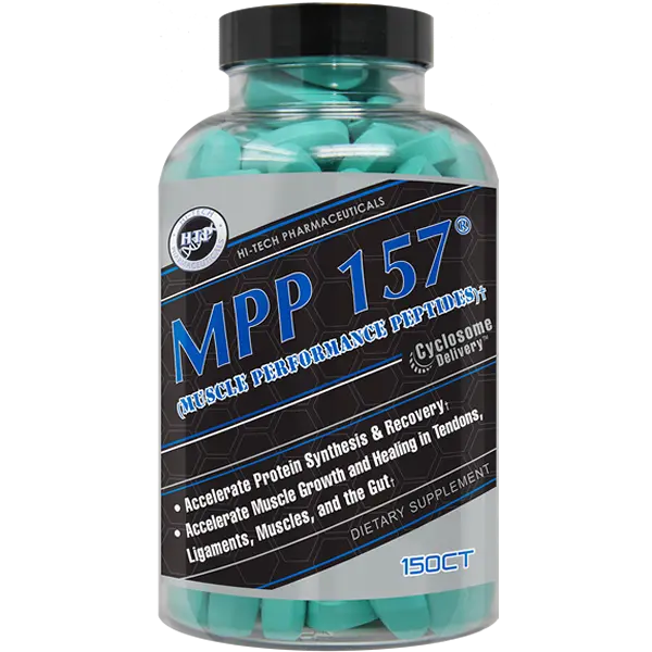 MPP 157® Muscle Performance Peptides by Hi-Tech Pharmaceuticals – 150-tablet bottle featuring LI-157®, Sustamine®, and HMB for muscle performance and recovery.