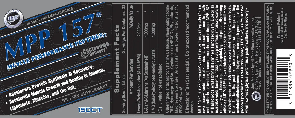 MPP 157® Muscle Performance Peptides by Hi-Tech Pharmaceuticals – Full product label featuring Supplement Facts, ingredients, benefits, and directions for use.